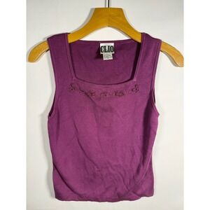 Clio Silk Cotton Knit Tank Top Purple Floral Embroidered Square Neck Small